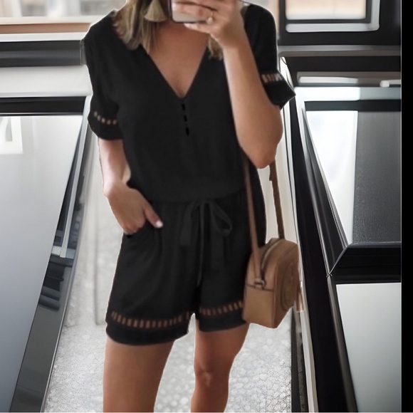 Formal Deep V Neck W/ Button Designs Elastic  Waist Belt W/ Pockets Black Romper - Picture 6 of 12